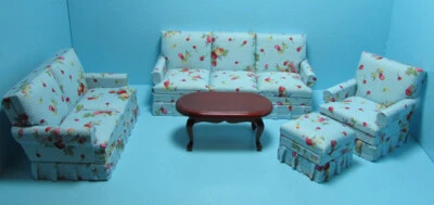 Juego completo de sala de estar miniatura para casa de muñecas 5 piezas en tela azul floral T0119 Foto 1 de 4