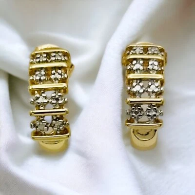 Ross Simons 925 Silver Gold Vermeil Diamond Half Hoop Earrings Signed - Image 1 of 4