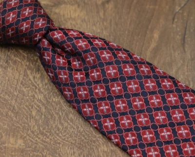 Corbata Valentino Azul Marino Oscuro Rojo Brillante Tejida Azulejo Geométrico Seda EXTRA LARGA 63" Foto 1 de 4
