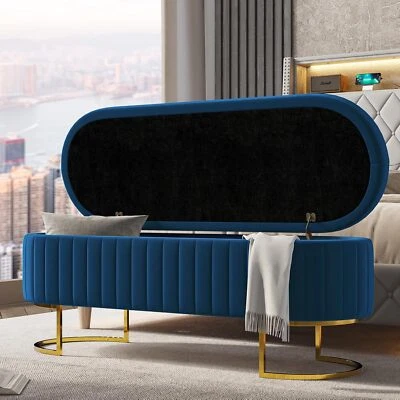 Banco de Almacenamiento 50" Pasillo Otomano, Tapizado Extremo de Cama Banco Terciopelo con Dorado Foto 1 de 4