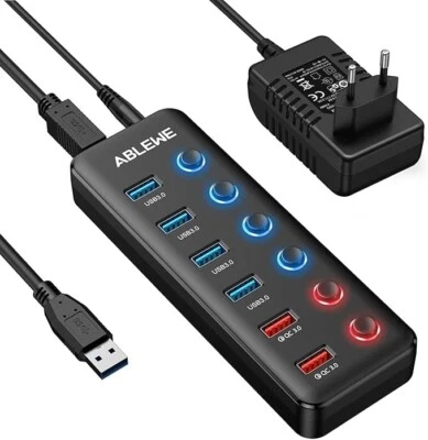 ABLEWE Hub USB 3.0 Alimentato 6 In 1, con 4 Porte USB 3.0 e 2 Porte Ricarica