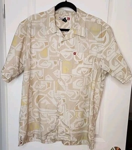 Quicksilver Hawaiian Shirt Men L Tan Geometric Button Up Sht Sleeve Thick MINT - Picture 1 of 7
