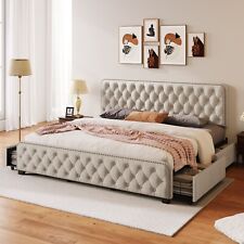 Upholstered Platform Bed Frame with Four Drawers, Button Tufted Headboard,  King