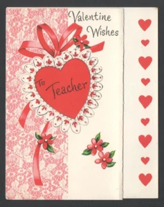 Vintage Valentine's Day Card Valentine Wishes to Teacher Hearts & Flowers - Picture 1 of 4