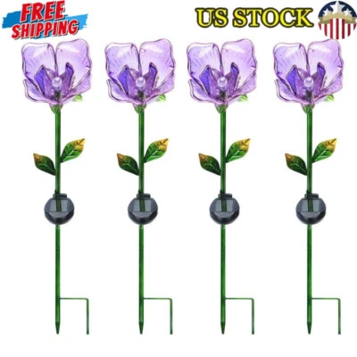 Purple Flower Solar Stake Set/4 LED Light Weather Resistant 8-Hour Illumination - Image 1 of 4