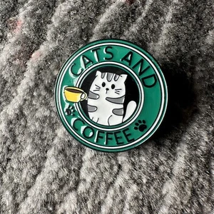 Enamel Pin Cat Cute Kitten Funny Gift White Gray Cats And Coffee Backpack New - Picture 1 of 4