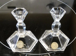 Clear Glass Crystal Candle Stick Holders 4" Hexagonal Set of 2 USA - Picture 1 of 3