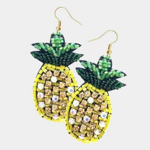 ~NEW~ Tropical Pineapple AB & Golden Yellow Rhinestone Beaded Statement Earrings - Picture 1 of 1