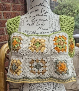 Handmade Loose Fit Crochet Cropped Cotton Vest Granny Square Pattern. - Picture 1 of 8