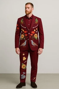 Men Maroon 2Pc Bespoke Pigeon Floral Embroidered Nudie Western cowboy Cocktail - Picture 1 of 7