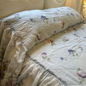 Vtg 60s 70s Blue Floral Queen Quilted Bedspread Retro Cottage Granny Whimsy - Picture 1 of 24