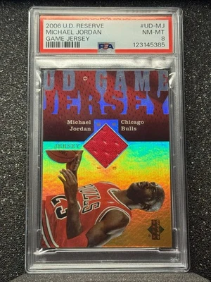 U.D. 2006 Parche de camiseta Reserve Michael Jordan Game Worn PSA 8 Foto 1 de 2