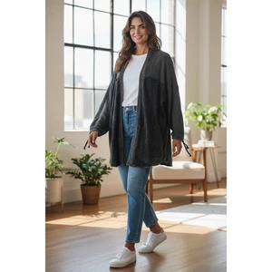 J. HER Charcoal Gray Waffle Knit Open Front Duster Cardigan Size M - Picture 1 of 5