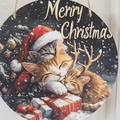 Weihnachtsdeko Weihnachten Türdeko Türschild Holz Katzen Weihnachtsmann Santa - Bild 1 von 4