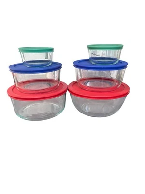 Pyrex Juego de 3 Cuencos con Tapas Redondo Vidrio Almacenamiento de Alimentos Usado Foto 1 de 2