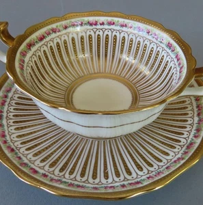 Antique Tiffany CAULDON Porcelain Bouillon Cup + Saucer ROSES Raised GILT Enamel - Picture 1 of 9