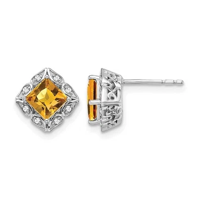 14k White Gold Square Citrine and Diamond Stud Earrings 2.28gm - Image 1 of 4