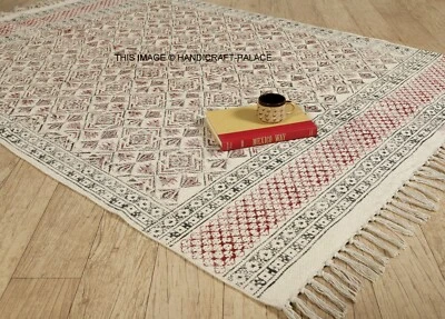 Indio Mano Bloque Estampado Ikat Algodón Alfombra Se Vislumbraba Área de 4 1.8m - Imagen 1 de 3