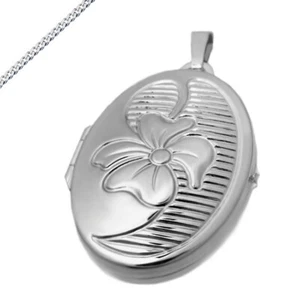 Medaillon oval Amulett mittelgroß mit Blume 2 Bilder Gravur und Kette wählbar  - Picture 1 of 10