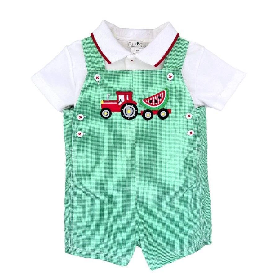 Petit Ami Green Check Tractor Watermelon Applique Shortall Set  12 18 24 Months - Image 1 of 1