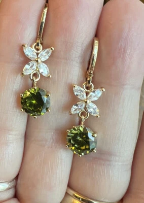 Glitzy Gold Plated Crystal CZ Peridot Drop Dangle Lever back  Earrings - Image 1 of 4