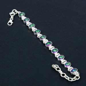 Natural Mystic Topaz Gemstone 925 Sterling Silver Link Bracelet For Women & Girl