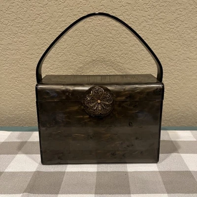 Bolso de mano de noche vintage Wilardy marrón mármol Lucite con cierre de flores Foto 1 de 4