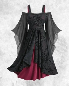 Neu schwarz & rot Glitzer Renaissance Mittelalter langes Maxikleid Gr. 5XL 26 28 30 - Bild 1 von 5