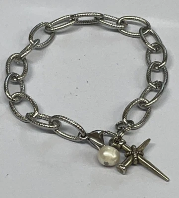 Spike Cross Freshwater Pearls Stainless Silver Link Bracelet Religious NEW - Image 1 of 4