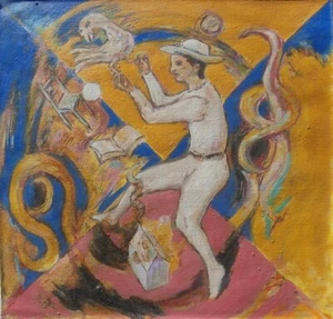 Vintage Surrealism Artist Mysterious Painting with Dreamlike Folklore Symbolism - Picture 1 of 17