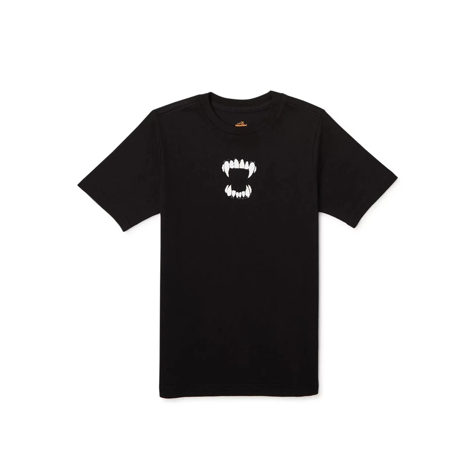 SIZE XS (4-5) UNISEX BLACK S/S HALLOWEEN SHIRT VAMPIRE TEETH