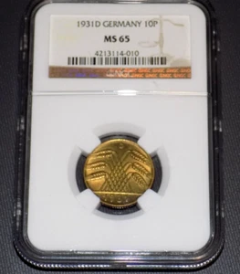 GERMAN WEIMAR 1931D GERMANY Ten 10 Pfennig 10P MS65 MS 65 NGC Certified KEY Coin - Picture 1 of 4