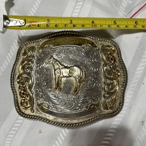 Vintage Montana Silversmith Sterling Silver Plated Belt Buckle Horse 2 Rubies - Picture 1 of 12