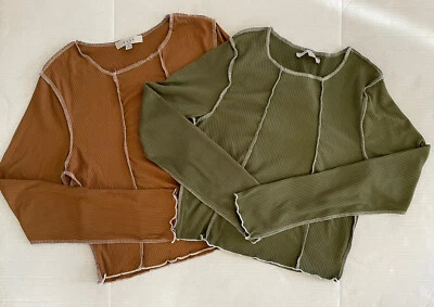 Lote de 2 Top Acanalado Recortado Y2K Mediano Verde Oliva Marrón Elastizado Manga Larga Foto 1 de 4
