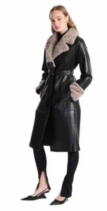 Ena Pelly Louie Leather Jacket Size 16 BNWT RRP $999 Black Taupe Longline Coat - Picture 1 of 14
