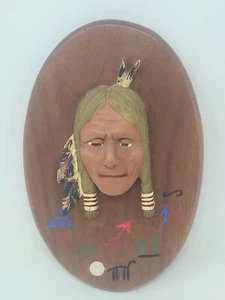 Placa antigua de decoración de pared de madera tallada y pintada de nativos americanos indios 3D - Imagen 1 de 5
