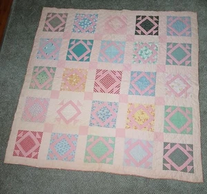 Vintage Reversible Handmade Quilt Squares Colorful Floral Flowers 68"x68" - Picture 1 of 9