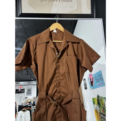 Vtg Women's 1970s Brown Short Sleeve Zip Front Jumpsuit W/ Waist Belt Size M - Image 1 of 4