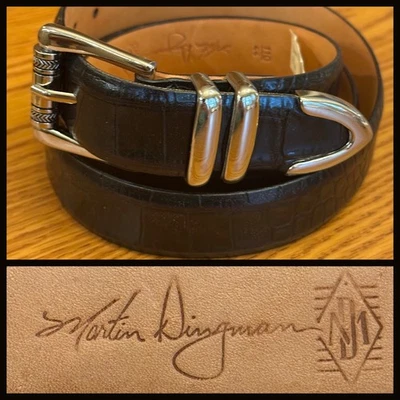 Martin Dingman Mens Black Alligator Grain Calf Leather Belt Silver Buckle 44 USA - Image 1 of 4