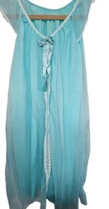 Vtg 60s Aqua Nylon Nightgown by Barad & Co Sheer Lace Trim Bow Front – Sz L USA - Picture 1 of 16
