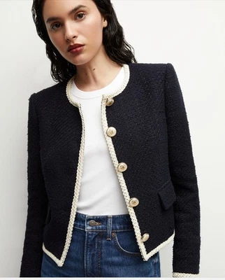 NWOT $698 VERONICA BEARD Mabel Navy Tweed Jacket Cream Trim & Gold Buttons - 10 - Image 1 of 4