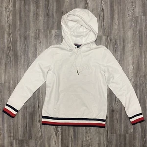 Tommy Hilfiger Pullover Hoodie Sweater Youth Size Medium White Script Logo Pouch - Picture 1 of 11