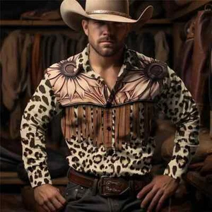 Camicia Uomo Floreale Leopardo Manica Lunga Western Denim, Outdoor Casual Party Shirt - Foto 1 di 35