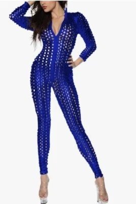 Women's Blue Sexy Hollow Cat Suit One Piece Metallic Sexy  Clubwear Costume - L - Image 1 of 4