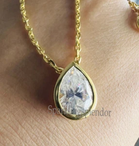 Real Moissanite Pear Cut Pendant Solitaire Bezel Set Pendant Necklace Gift Her - Picture 1 of 10
