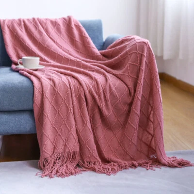 Knitted Throw Tassels Blanket Diamond Pattern Soft Cozy for Couch Sofa Bed - Image 1 of 4