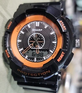 SHARP SHP8914 Men’s Alarm Chronograph Black Orange 50mm 100ft WR NEW Batteries - Picture 1 of 8