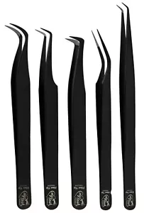 Black 5Pcs Fiber Tip Lash Tweezers for Eyelash Extensions Tweezer Lashing Set - Picture 1 of 8