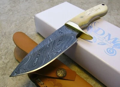 Damascus Steel Blade Bone Handle Fixed 4.5" Blade Knife w/ Custom Leather Sheath - Image 1 of 4