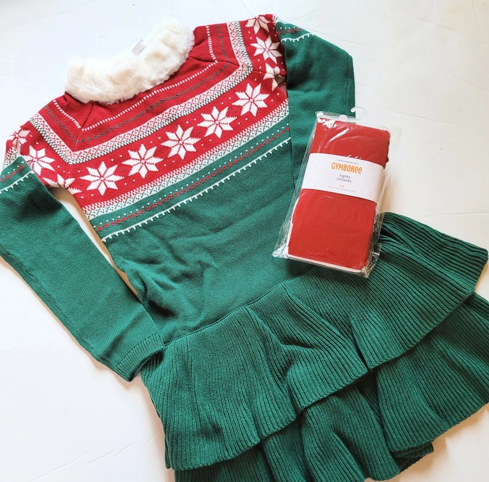 Vestido Suéter Gymboree 6 Holiday Copo de Nieve Verde Isla Justa Medias Metálicas Nuevo con Etiquetas Foto 1 de 4